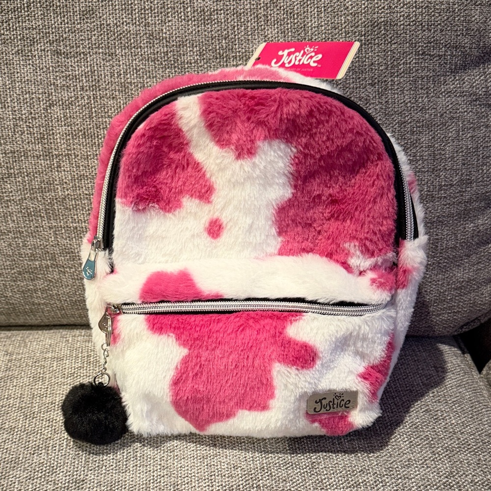 Justice Fuzzy Pink and White Backpack